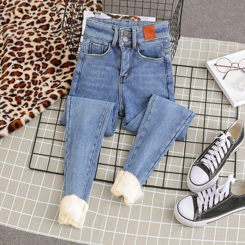 Fleecové Teplé Strečové Džínové Tužkové Kalhoty Dámské Zimní Hrubé Sametové Džíny Vysoký Pas Skinny Dámské