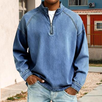 Men Denim Pullover Quarter Zip Stand Collar Vintage Casual Sweatshirt Distressed Loose Mock Neck Golf Shirt for Party Street Vacation
