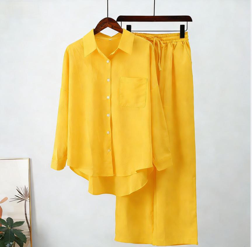 2025 Women s Stylish Elastic Long-Sleeve Shirt & Wide-Leg Pants 2-Piece Autumn-Winter Set S жёлтый