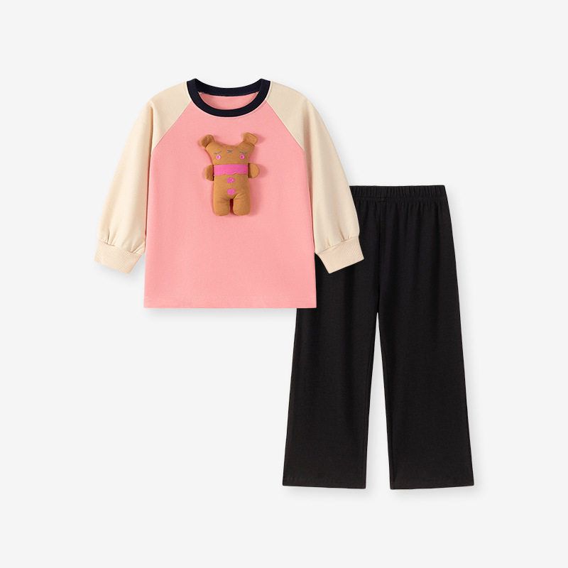 Girls  Suit Autumn Outfit 2025 New Children s Chocolate Bear Cartoon Sweatshirt Leggings Girls Casual Two-Piece Set Chocolate Bear 2Y (90cm)