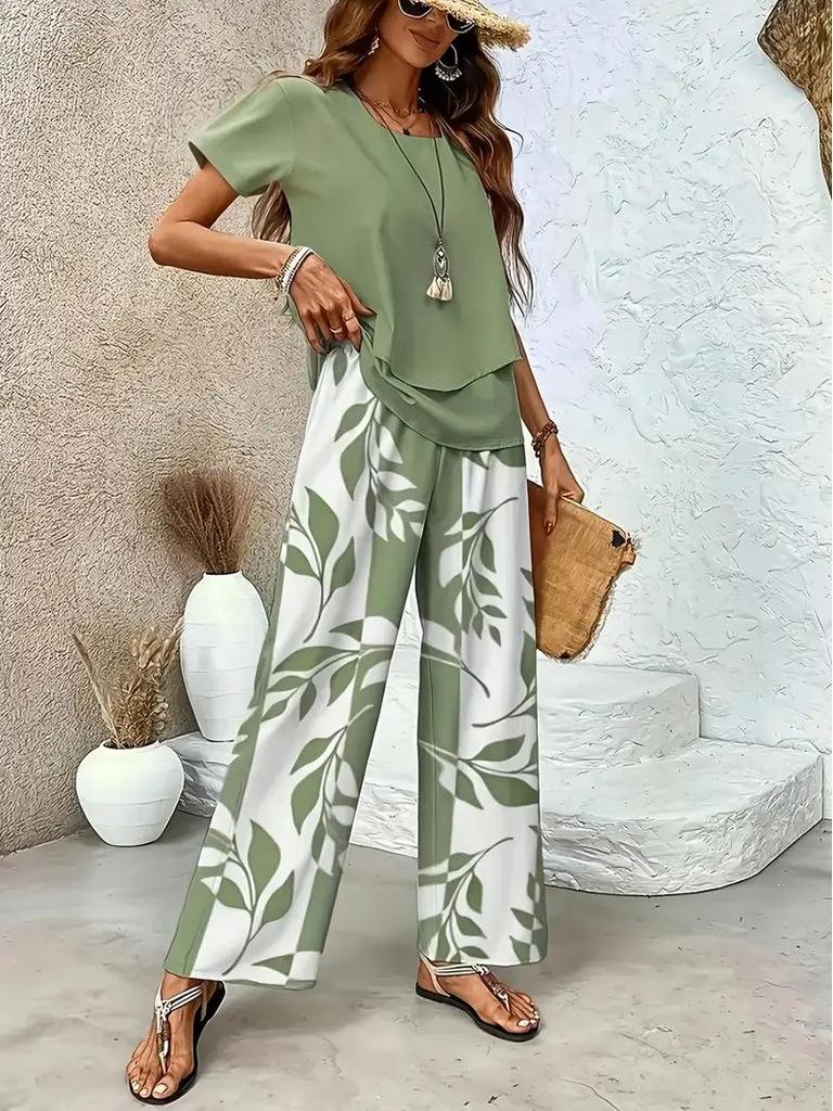 2026 Women's Printed Top and Wide-Leg Pants Set, European & American Style for Cross-Border E-commerce.