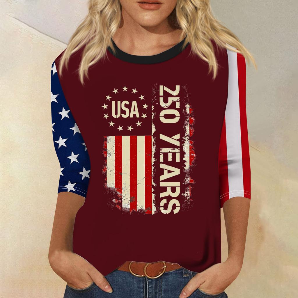 Women's Fashion Casual Seven-Sleeve Independence Day Print Round Neck Top