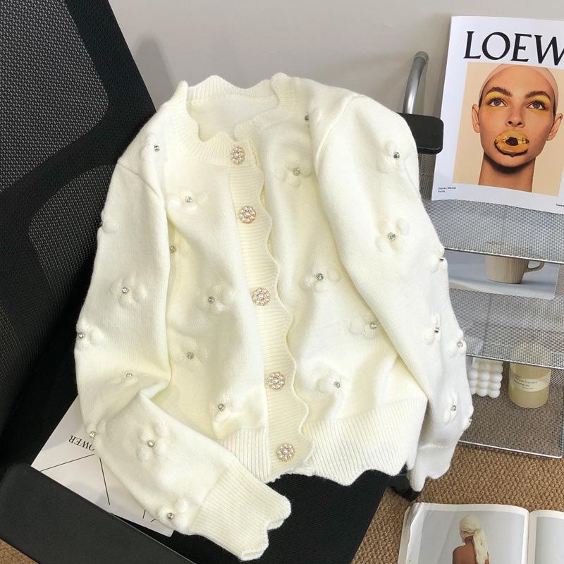 Z Bílý Vyšívaný Pletený Kardigan - Květinový Svetr Kabát pro Ženy na Začátek Podzimu