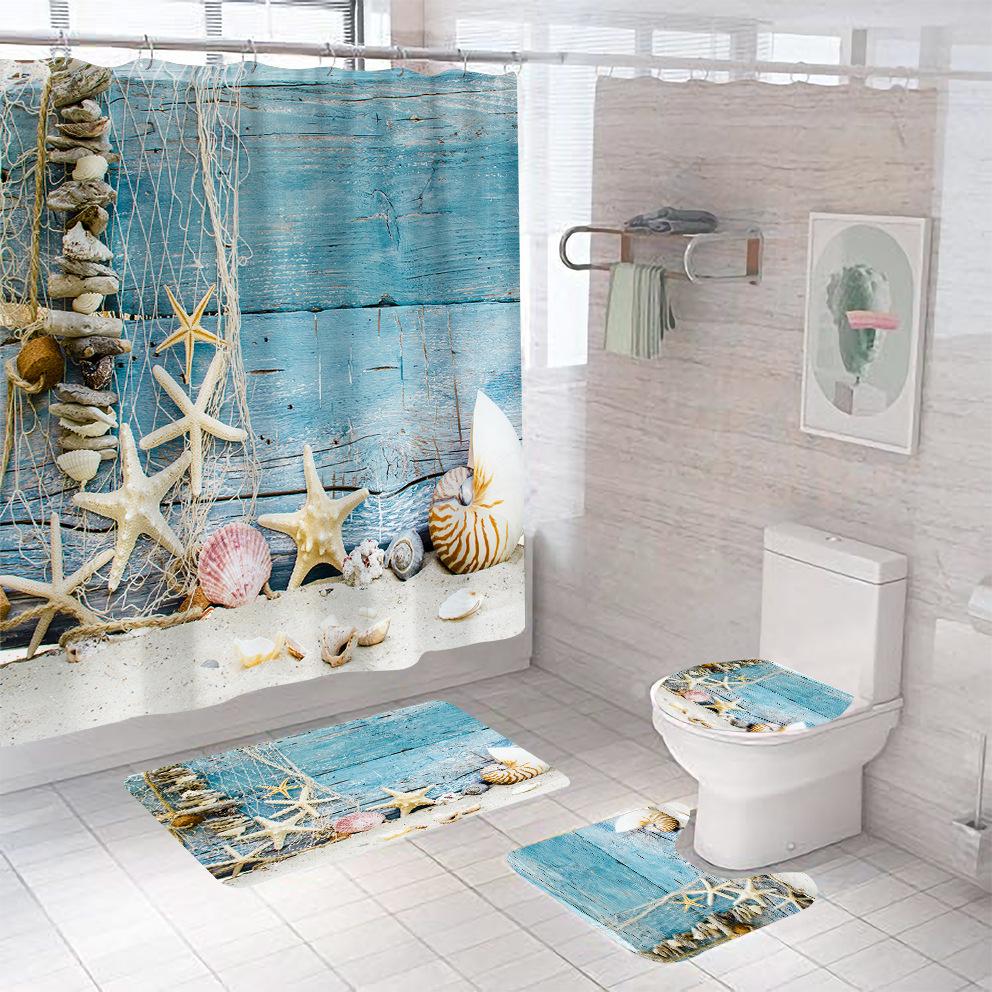 Bathroom Shower Curtain Four-piece Digital Printing Beach Shell Waterproof Shower Curtain Shower Curtain Partition Curtain Bath Mat