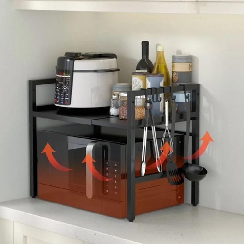 Adjustable Microwave Oven Rack Kitchen Storage Shelf with Spice Organizer Countertop Cooker Stand Space Saving Heavy Duty