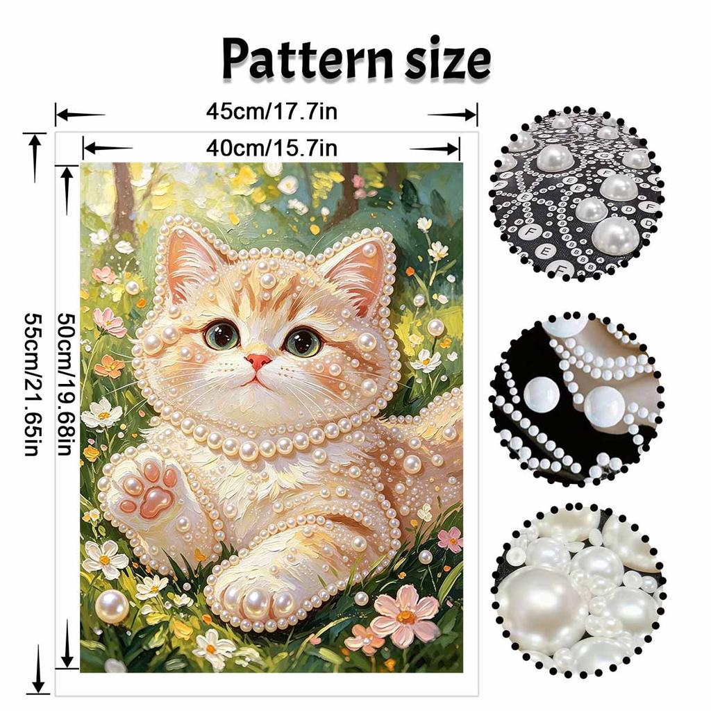 Framed Pearl Painting Kit Cute Kitten Pattern DIY 3D Bead Art Canvas Relaxing Handmade Craft for Adults Stress Relief Creative Home Decor