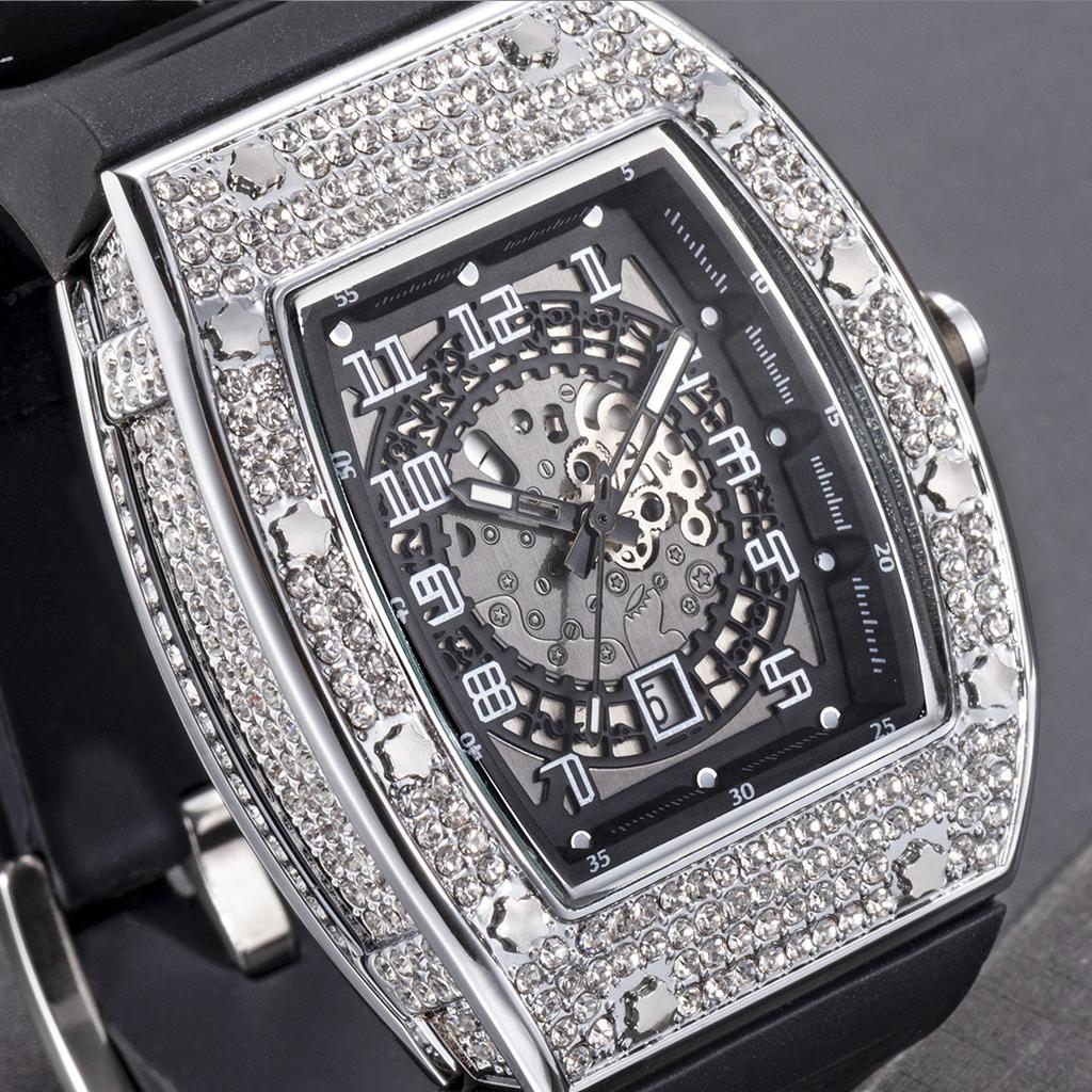European and American Personality Full of Diamond Barrel Type Silica Gel Strap Quartz Men's Watch