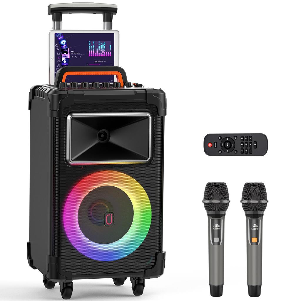 Karaoke Machine with 2 Wireless Mics,10" Woofer 500W Peak Power Big Portable Bluetooth Speaker with Bass/Treble Adjustment,Rolling Wheels and Trolley