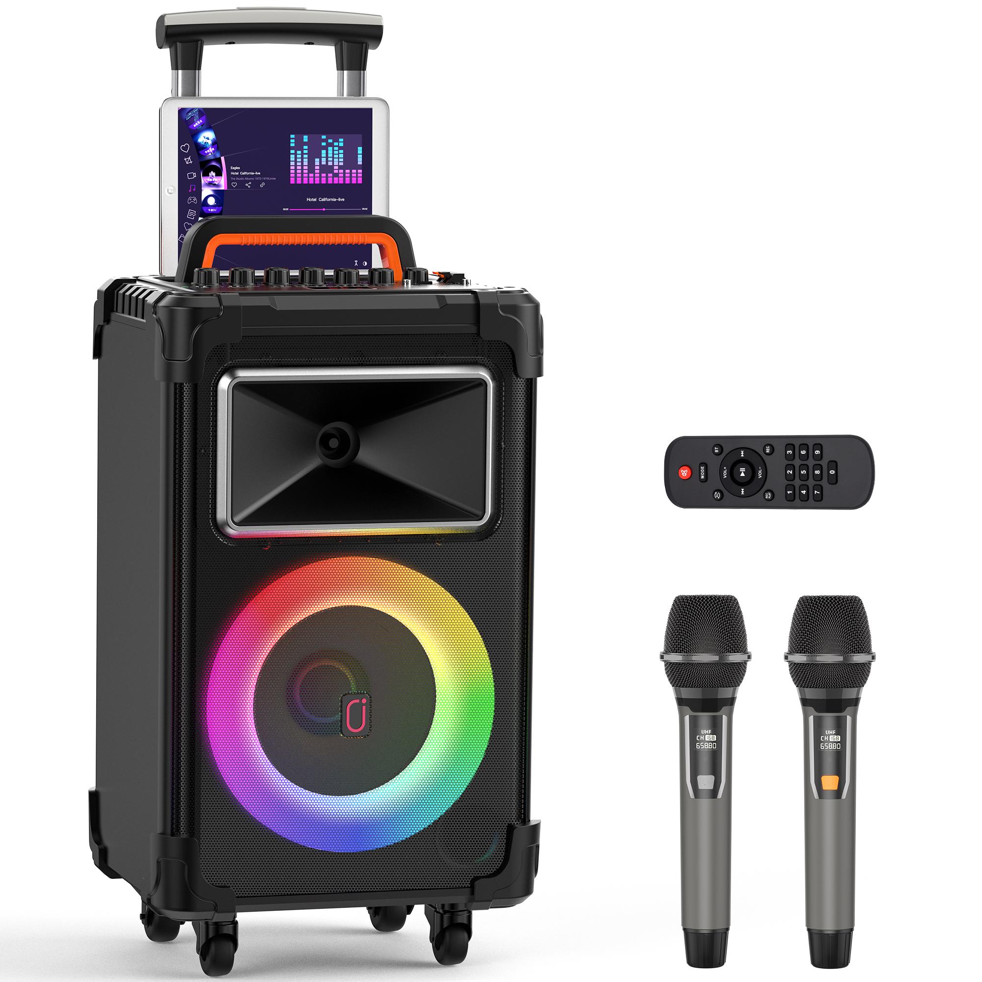 

Караоке-машина с 2 беспроводными микрофонами, 10-дюймовый вуфер 500 Вт пиковой мощности, большая портативная Bluetooth-колонка с регулировкой басов/высоких частот, колесики для перевозки и тележка