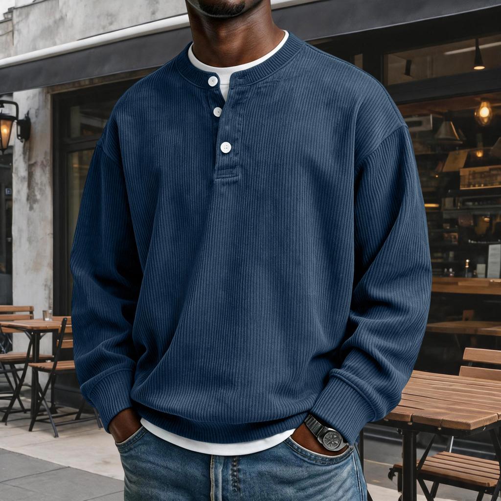 Felpa da uomo casual in velluto a coste con scollo, manica lunga, top pullover a vestibilità larga rétro con abbottonatura, per l'uso quotidiano