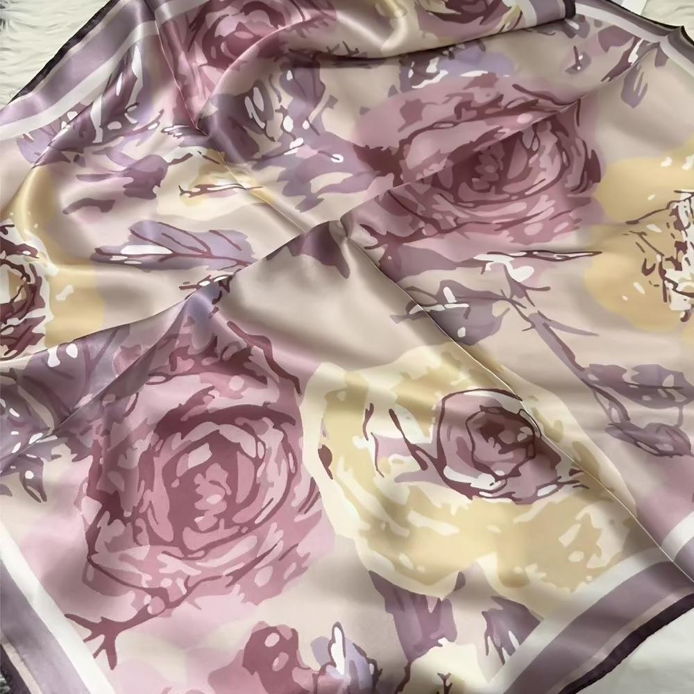 Light  Purple Women'S 100% Mulberry Silk Scarf Neckerchief Spring Fall New Luxury Floral Design Satin Squaresilk Scarves 65*65Cm