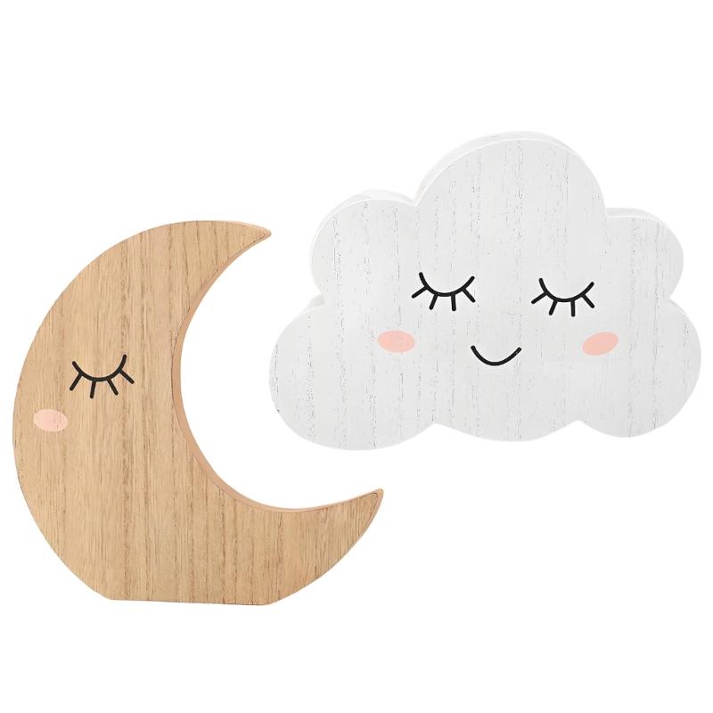 Nursery Shelf Accent Set, Wooden Moon and Cloud Room Display Decorations Pair for Tabletop Bookshelves Accessories Gift