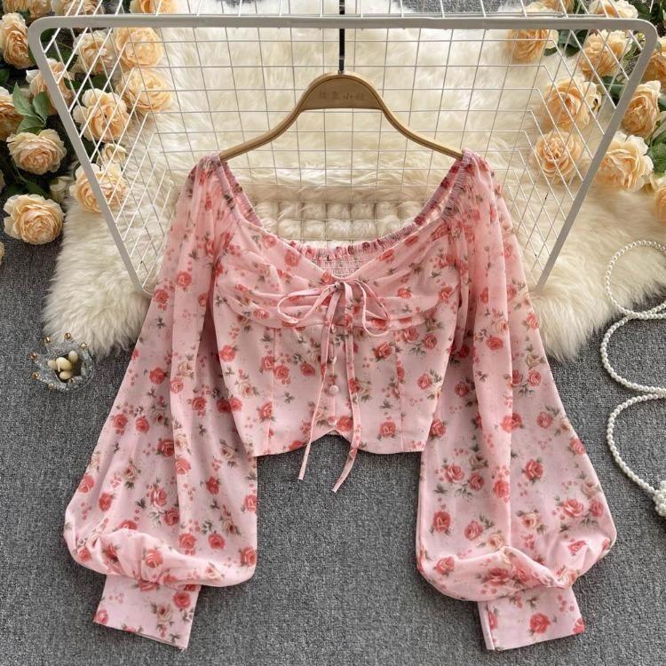 Spring Casual French Floral Blouse Women Elegant Vacation Bohemian Ruched Tops Slim Elastic Print Shirts