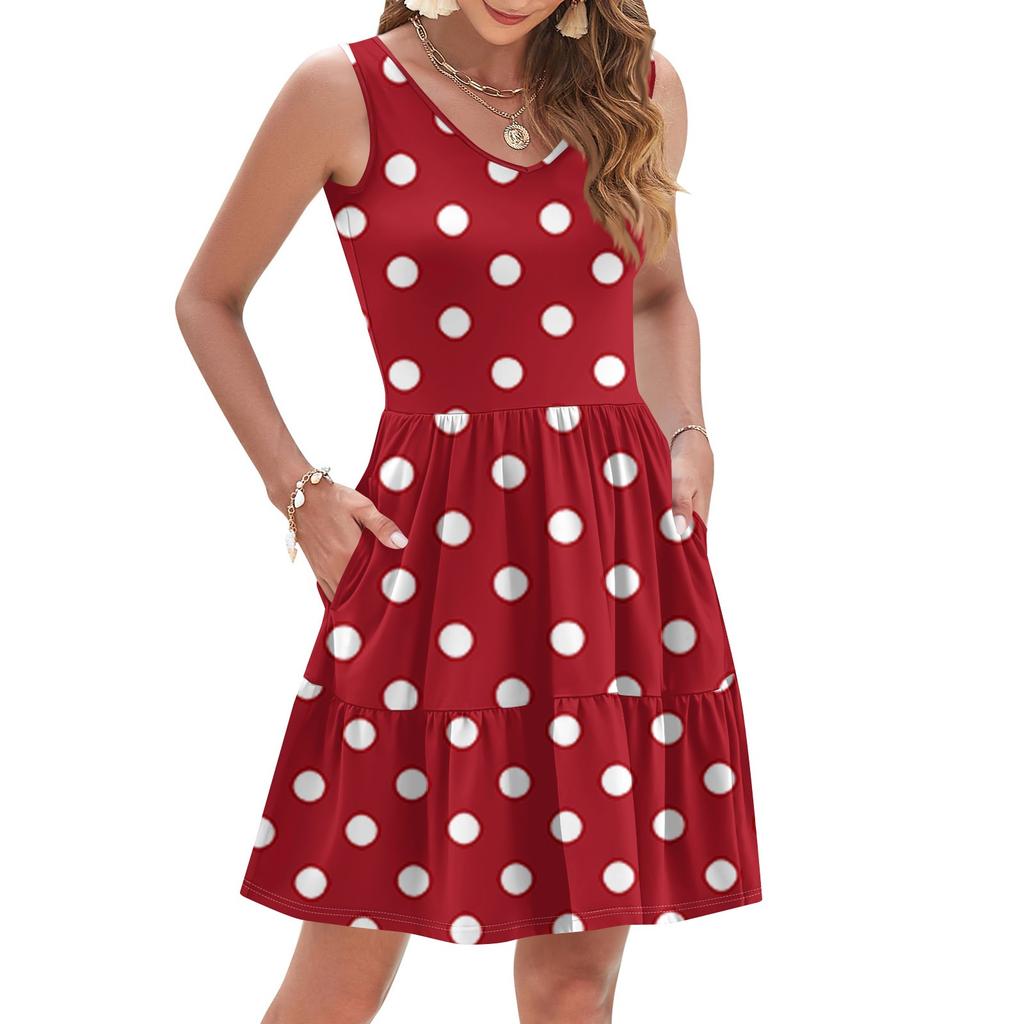 Women's Summer Fashion Casual V-neck Fold Splicing Polka Dot, Color Block Splicing Print Sleeveless Pocket Vest Dress