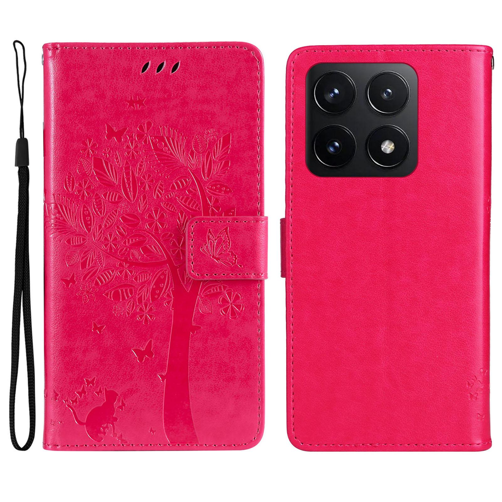 

For Xiaomi 14T Phone Case with Stand Cat Tree Pattern Leather Wallet Mobile Cover Rose