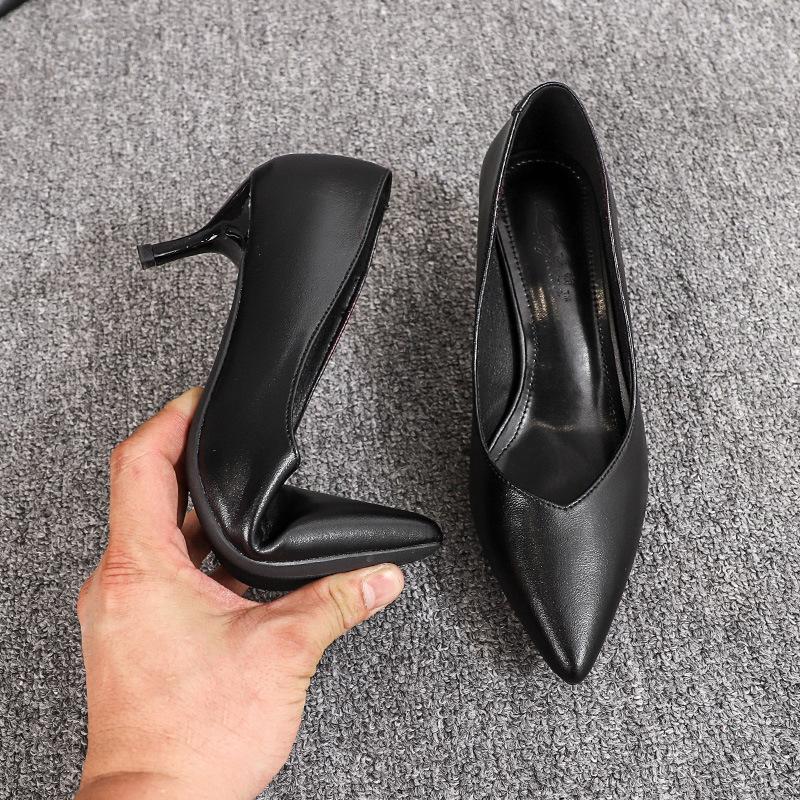 Pantofi de lucru pentru hotel, pantofi cu toc înalt stiletto negri pentru femei, pantofi profesionali versatili cu vârf ascuțit, pantofi de lucru comozi din piele moale pentru navetă