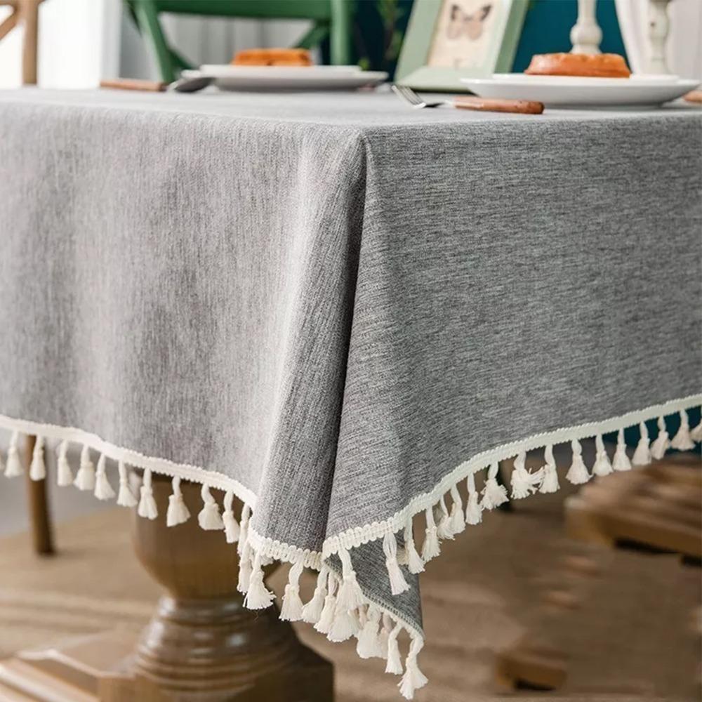 Fade Resistant Tassel Tablecloth Gray Cotton Linen Table Cover Table Cloth Indoor Outdoor