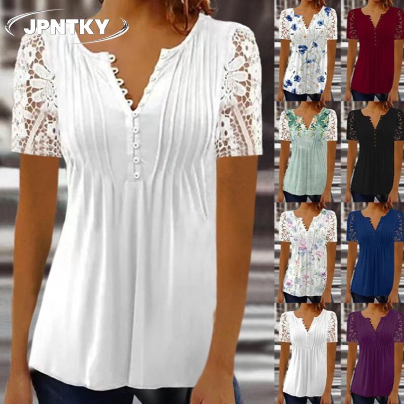 JPNTKYWomen's Fashion Casual Solid Color Print Short Sleeve V Neck Blouses & Shirts