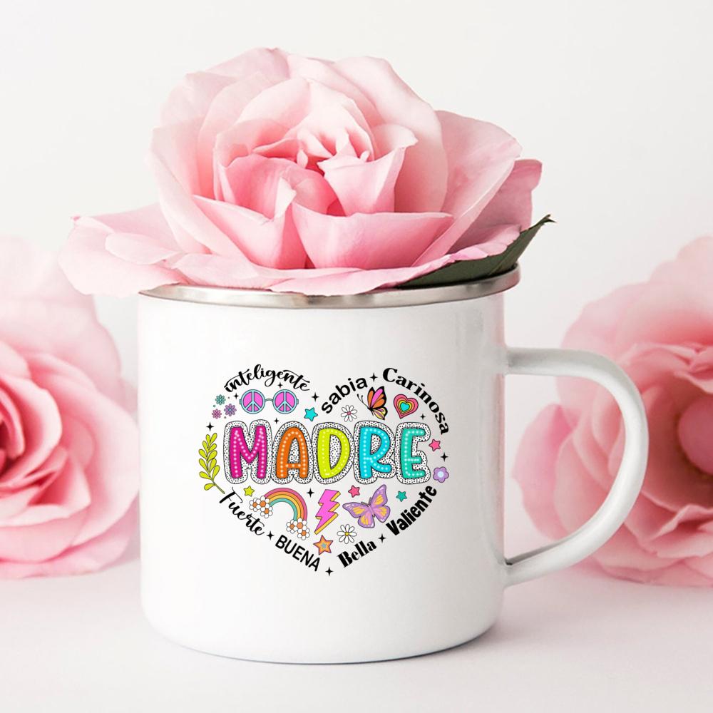 Intelligent Loving Brave Mother Spanish Print Enamel Coffee Mug Drinks Milk Cup Camping Mugs Birthday Mother's Day Gift for Mom