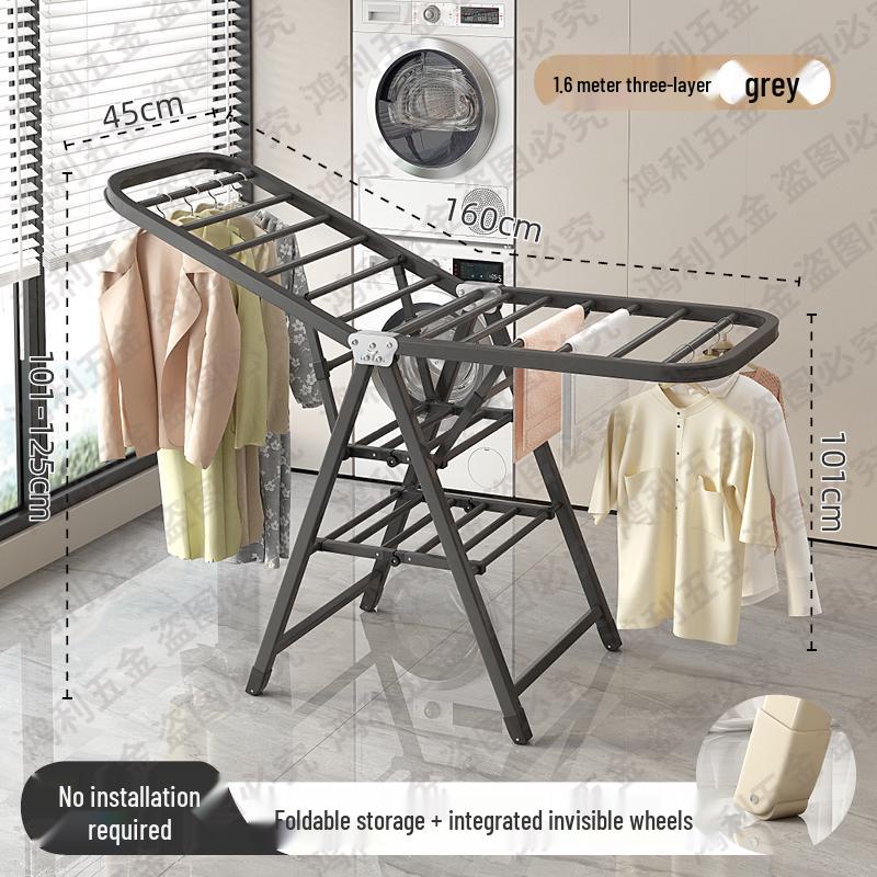 Folding Floor-Standing Clothes Drying Rack for Household, Bedroom, Balcony, Indoor Use - Ideal for Baby Clothes and Quilts.