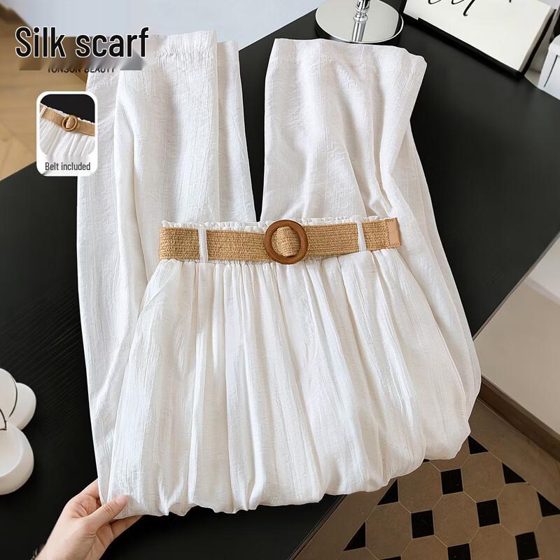 Women s Elastic Waist Linen Blend Wide-Leg Pants L