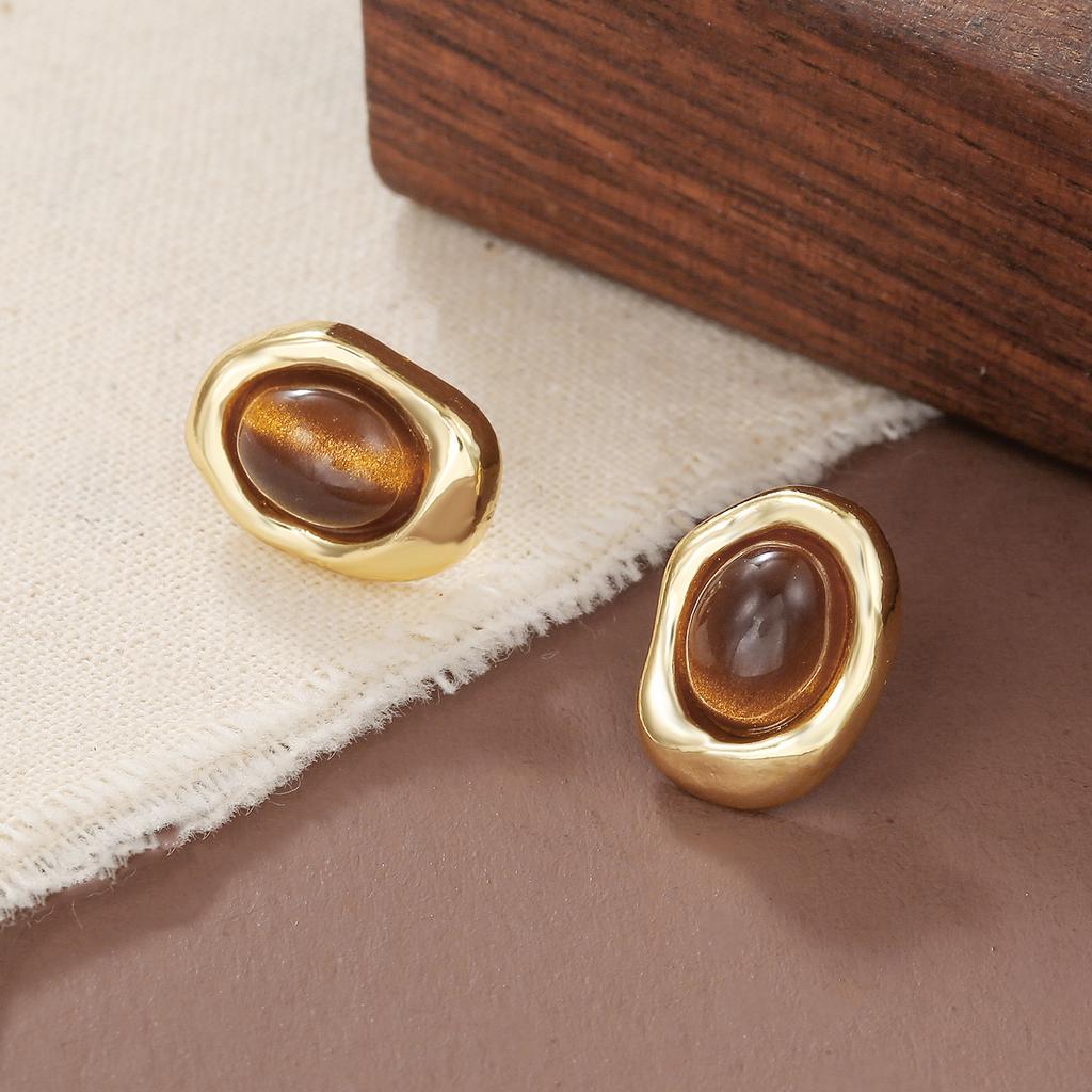 Silver, Japanese, Korean, Autumn and Winter Tiger's Eye, Maillard Round Earrings, Vintage Diamond Geometric Earrings, Premium Earrings
