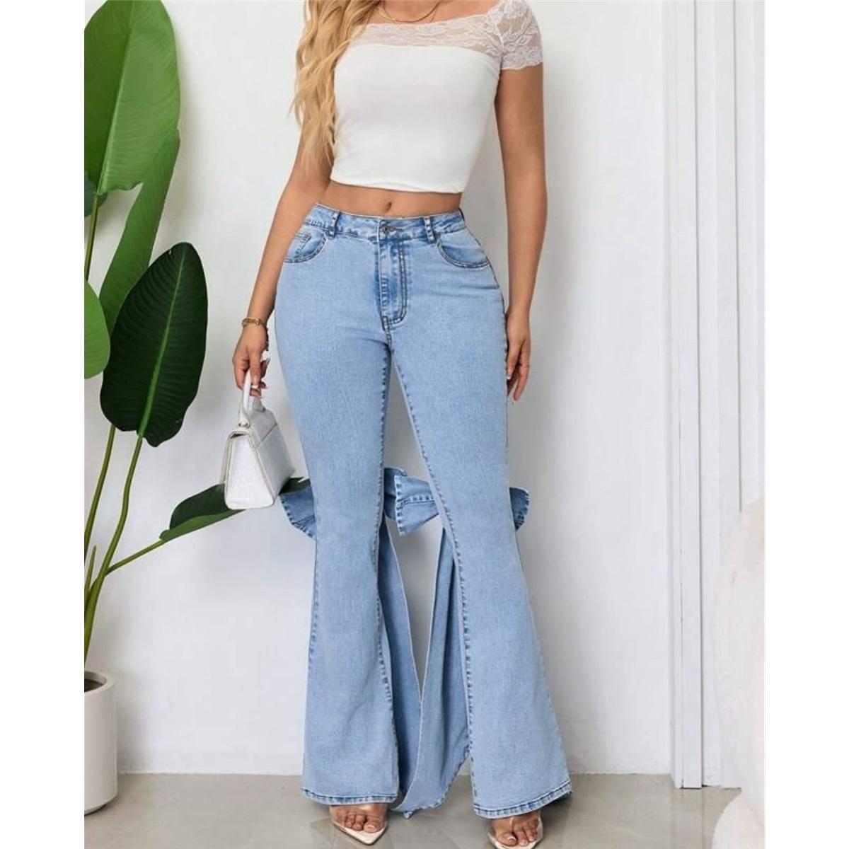Fashionable Women s Jeans High Waist Elastic Bow Decorated Flare Jeans 2XL