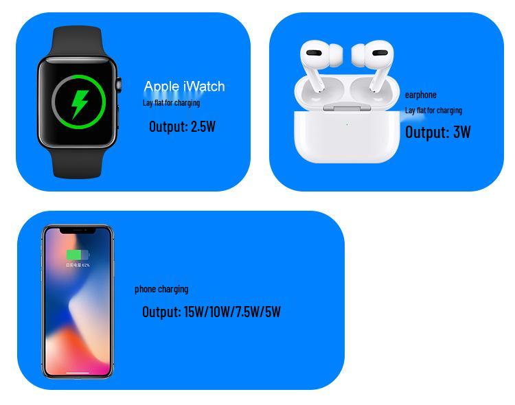 Three-in-One Vertical Wireless Charger for Apple Devices: Phone, Earbuds, and Watch.