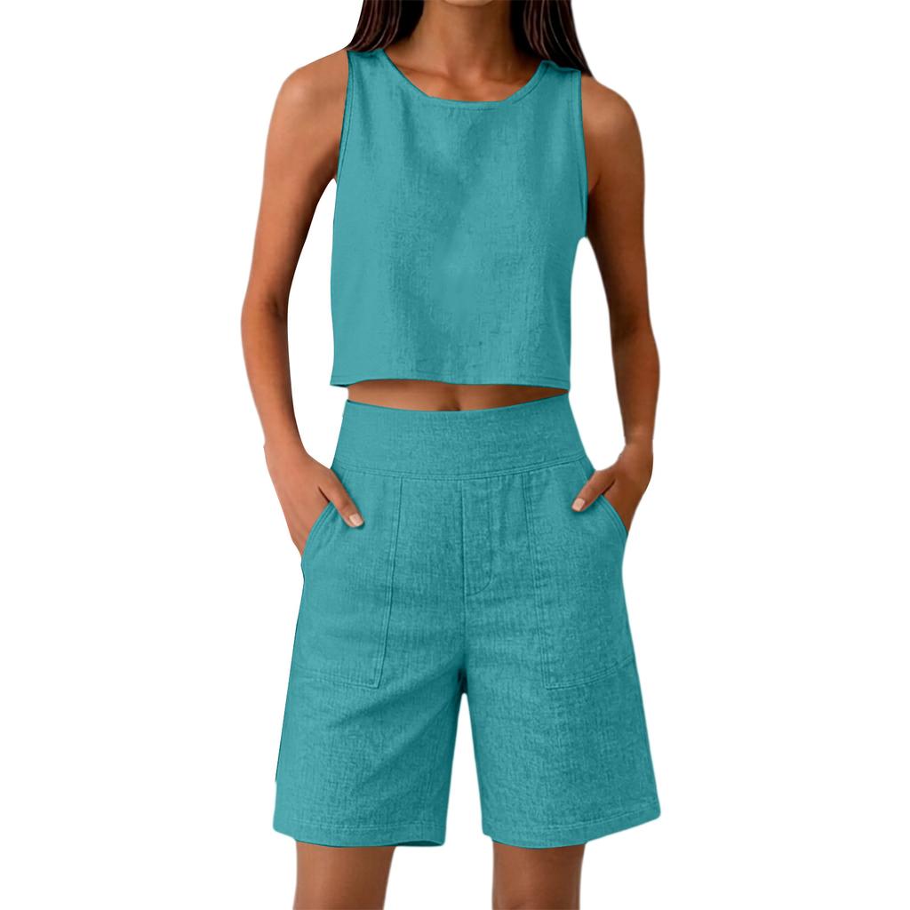 Damen ärmelloses zweiteiliges Set Leinenoptik Crop Top und High-Waist-Shorts lockere Passform Sommer-Outfit für Freizeitkleidung