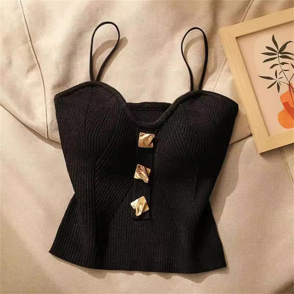 Women’s Knitted Strapless Camisole Top with Decorative Buttons Slim Fit Sleeveless Elegant Knitwear for Daily Wear
