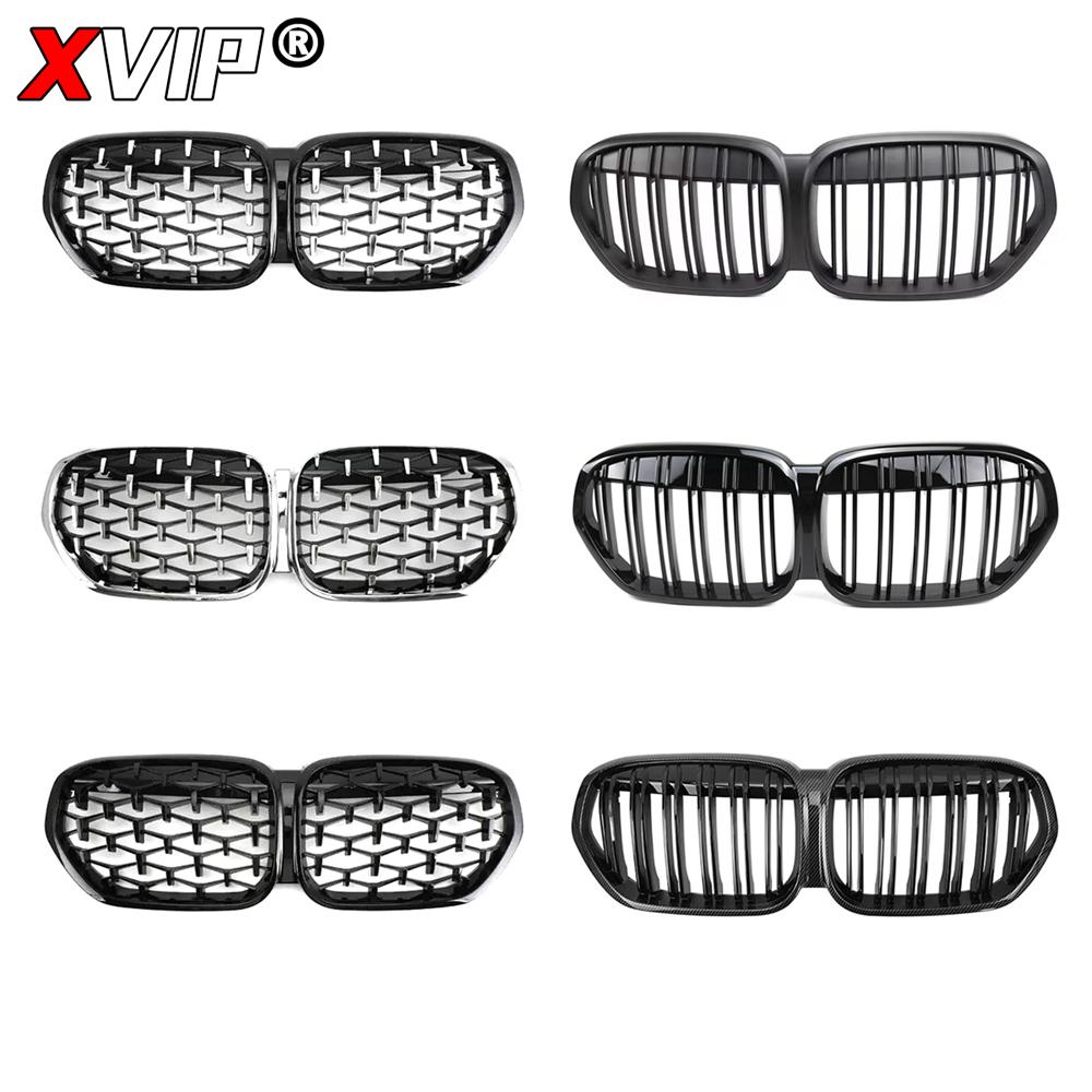 XVIP Carbon Fiber Look Double Line Style Front Racing Grills For BMW X1 F48 LCI 2020-2022 All Black Diamonds Style Upper Grilles