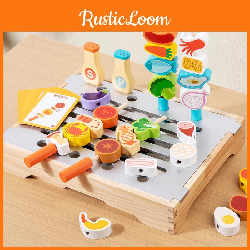 Barbecue Wooden Simulation Rack Cooking Family Interactive Children Toy Set