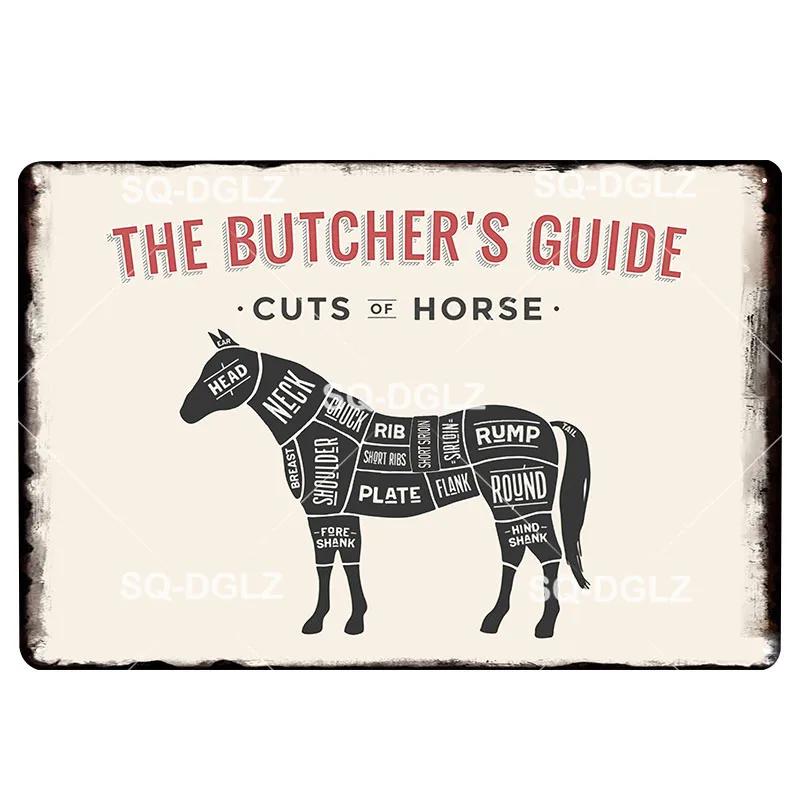 Hisun Tin Sign Vintage Butchers Guide Meat Cuts Metal Tin Sign Set Retro Butcher Shop BBQ Wall Art Decor for Kitchen Restaurant Bar Rustic Iro