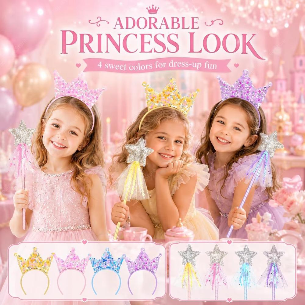 8-48Pcs Glitter Star Magic Wand Fairy Wand Tassel Glitter Sequins Princess Crowns Headband for Kids Birthday Party Gifts Wedding