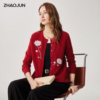 Zhaojun Women's 100% Wool Floral Knit Cardigan
