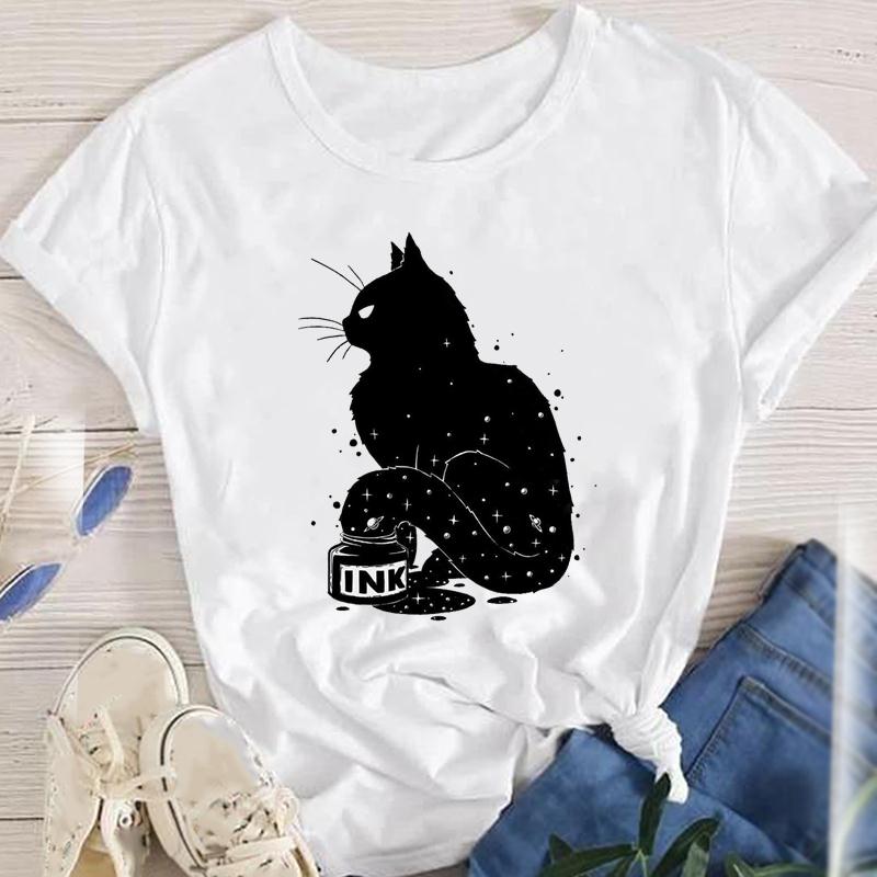 Fashion Cartoon Cat Plant Casual New Lovely Tees Women Short Sleeve Lady Female Graphic Tops Clothes Print Tshirt TShirt