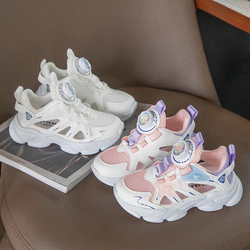 Kids Sports Sandals Hollowed-out Mesh Breathable Students Running Shoes for Summer 2025 New Boys Girls Sneakers Rotating Button