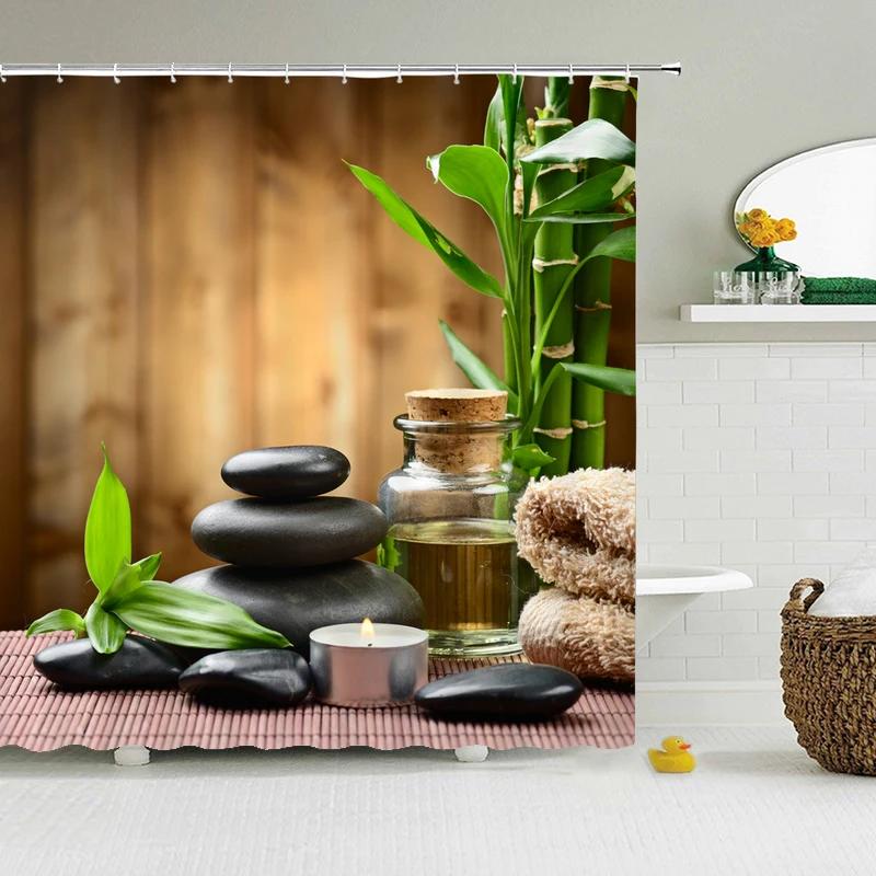 Green Plant Leaves Shower Curtains Bath Curtain Bathroom 3d Printed Fresh Waterproof Polyester Cloth With Hooks Home Decor Mat