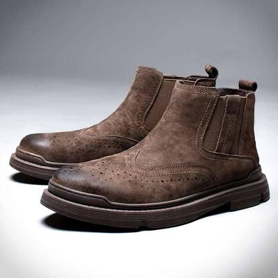 Herren-Arbeitsstiefel aus echtem Leder mit niedrigem Schaft, Chelsea-Stiefel – Winterwarmes Samtfutter, britischer Stiltrend