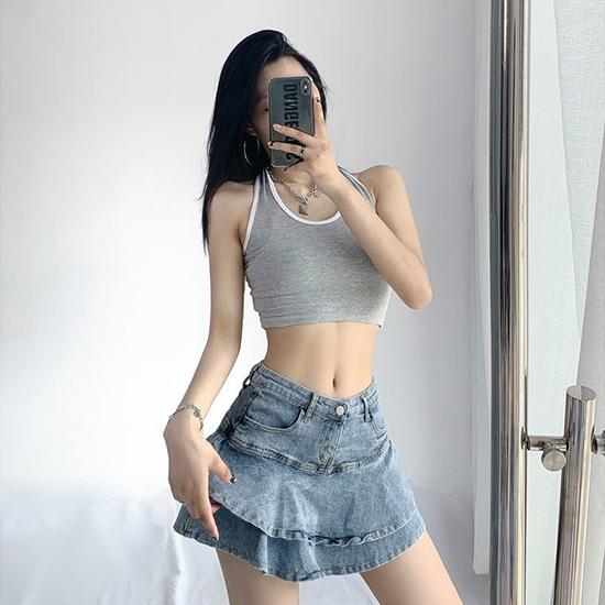 American Denim Skirt with Women's Inner Lining Design, High Waisted and Slim A-line Ruffle Edge Wrap Buttocks Skirt, Summer Bottoms