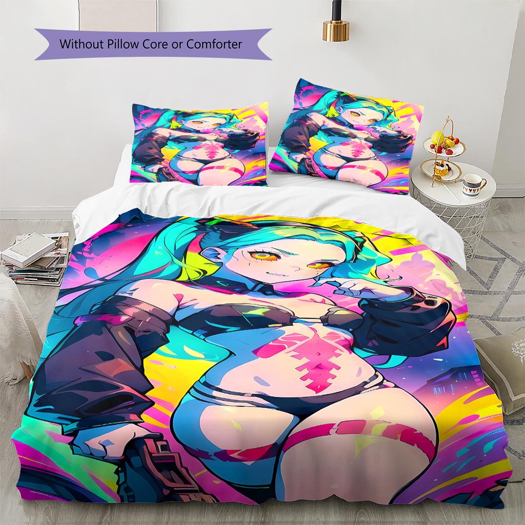 Cyberpunk Edgerunner Muster Bettwäsche, Steppbett Set Bettbezug Kissenbezug Zuhause Geburtstagsgeschenk (1 Bettbezug + 2 Kissenbezüge, ohne Füllung)