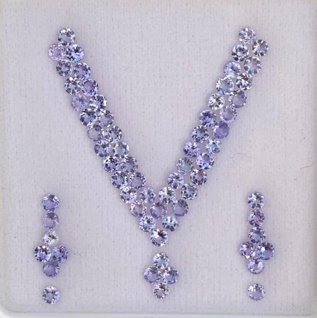 Single A Color Necklace Set Layout, Natural Tanzanite Gemstone Lot, A Quality Round Cut Stone Layout.