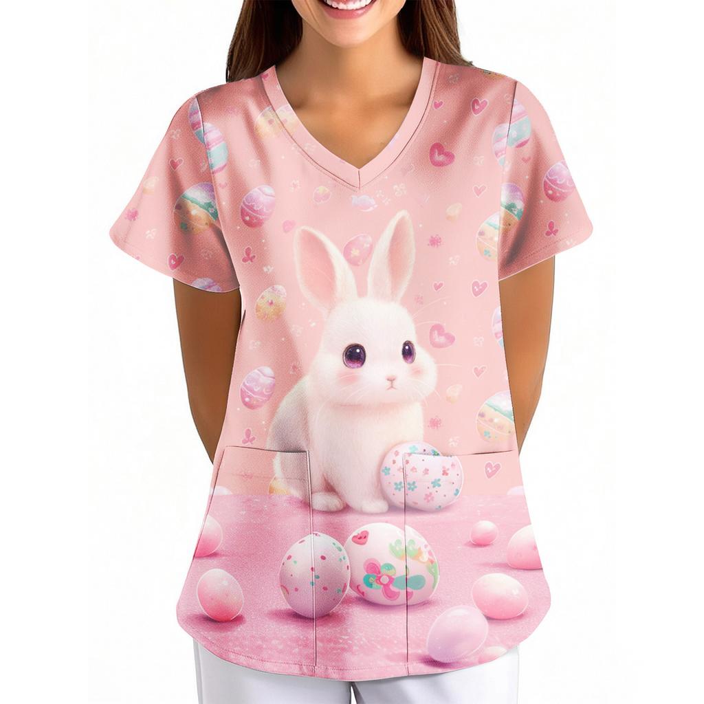 Dámské velikonoční potisk volný V-výstřih kapsa krátký rukáv Ošetřovatel/ Uniforma