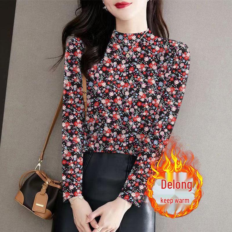 

Women s Ribbed Fleece Base Layer: Autumn/Winter Floral Print, Half-High Neck, Long Sleeve, Slimming Design, Perfect for Moms. 4XL (Recommended 150-170 jin)