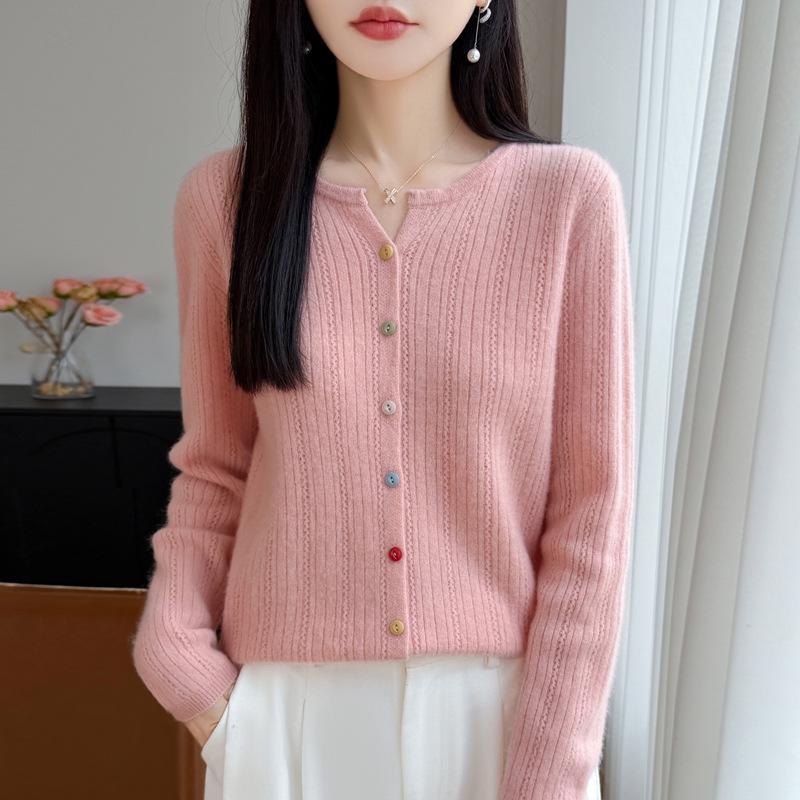Women's Slim Fit Ribbed 100% Wool Knitted Cardigan – Round Neck, Long Sleeve, Flattering Autumn/Winter Sweater