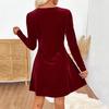Women's Velvet Minied Dress With Keyhole Neckline, Pearl Embellishment, Long Sleeves, Elegant Vintage A-line Dress