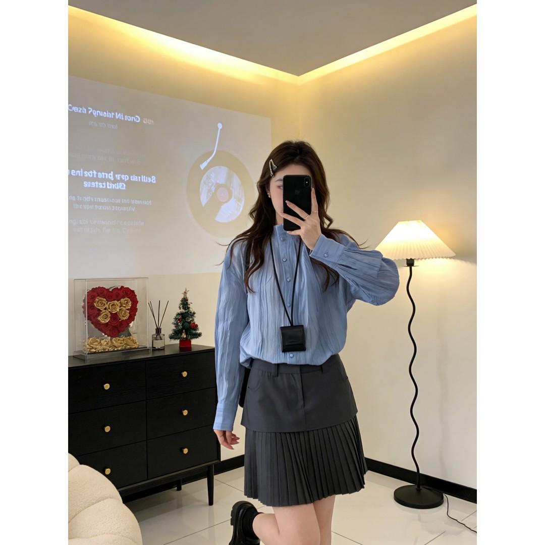 

Plaid Patchwork Loose Shirt & Pleated Skirt Set with French Stand Collar and Lantern Sleeves S