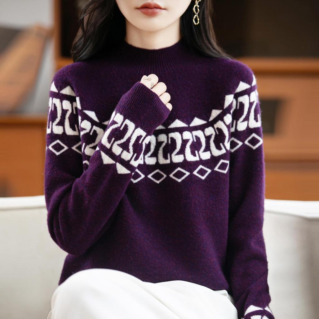 Women's Vintage Fair Isle 100% Merino Wool High Neck Sweater - Loose, Trendy Color Block Knitwear