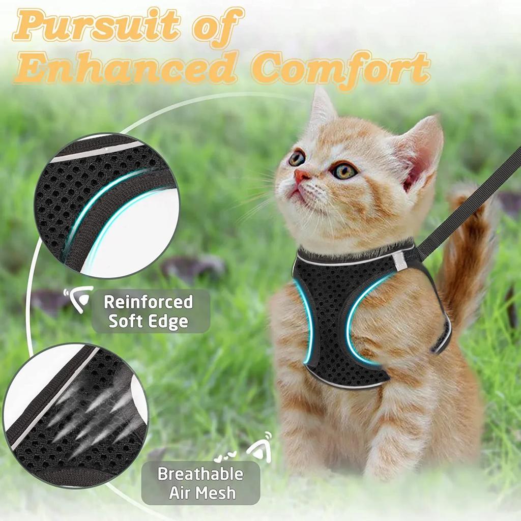 Harnais et Laisse Réglables pour Chat pour la Promenade - Harnais Gilet Anti-Évasion pour Chaton avec Maille Douce Réfléchissante pour Chiot Extérieur