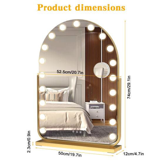Vanity Mirror with 17 LED Lights, Curved Table Top Makeup Mirror, Rotatable Base Makeup Mirror with 10x Magnifying Glass, Touch